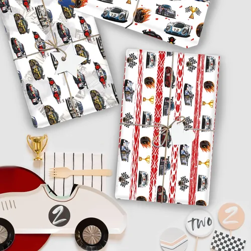Vista 5 de Mpanwen Papel de regalo de auto de carreras para niños y niños, 12 hojas de papel de regalo de carreras para Navidad, cumpleaños, vacaciones, 20 x