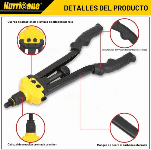 Vista 4 de HURRICANE Kit de herramientas de tuerca de remache de 16 pulgadas con liberación automática, remachador de mano resistente, 13 mandriles métricos