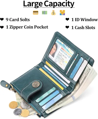Vista 3 de Billetera pequeña para mujeres bifold portador de tarjetas de crédito con bloqueo RFID con bolsillo con cremallera, A01 verde , Compacto