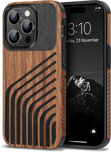 Vista 10 de TENDLIN Compatible con Funda para iPhone 14 de Grano de Madera con Diseño de Textura de Fibra de Carbono, Funda Híbrida de Cuero delgada Negra Negro