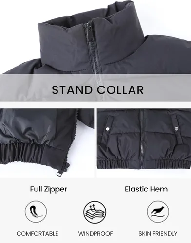 Vista 5 de Hooever Chaqueta corta para mujer, cuello alto, con cremallera completa, abrigo de burbujas