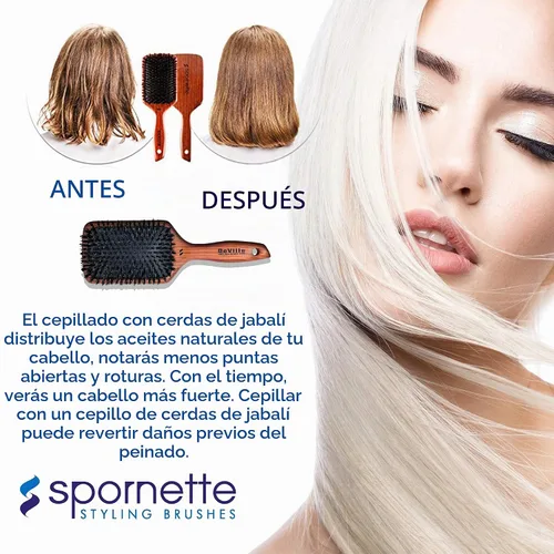 Vista 6 de Spornette Deville Cushion Paddle Brush - Cepillo de cerdas de jabalí con mango de madera, para alisar, alisar, desenredar, peinar y cepillar