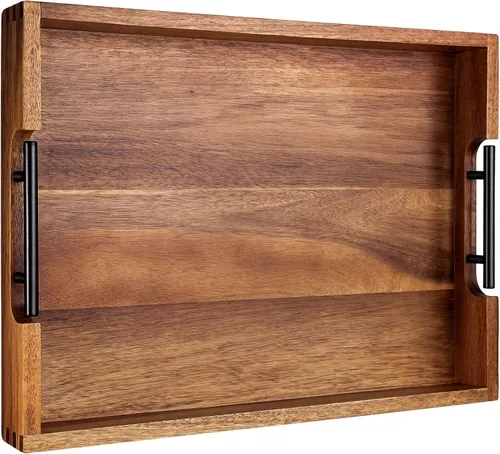 Vista 7 de Joy&Grace - Bandeja otomana de madera de acacia con asas de 17 x 13 pulgadas Marrón