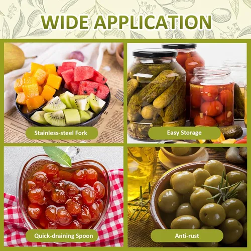 Vista 6 de Juego de 6 pinzas para servir de cocina con mango largo, tenedor para pepinillos, cuchara de aceituna con orificio de drenaje, colador de acero