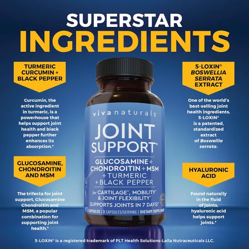 Vista 2 de Viva Naturals Suplemento de apoyo articular de glucosamina condroitina MSM, 90 cápsulas - con cúrcuma, pimienta negra, boswellia y ácido hialurónico