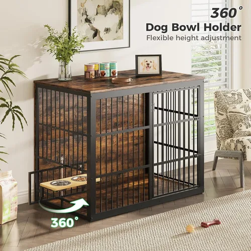 Vista 2 de Lyromix Mueble de jaula para perros XXL de 48 pulgadas con alimentador giratorio, mesa auxiliar de madera grande, jaula de interior resistente