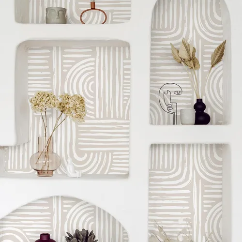 Vista 5 de VEELIKE Papel tapiz geométrico neutro para despegar y pegar, papel tapiz abstracto bohemio para dormitorio y baño, 17.7 x 118 pulgadas, papel tapiz
