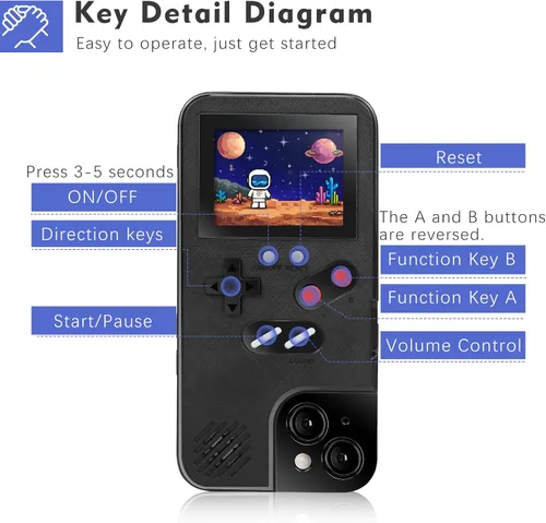 Vista 4 de Funda para teléfono de juegos, 168 videojuegos pequeños integrados, color negro, compatible con iPhone 12 Mini