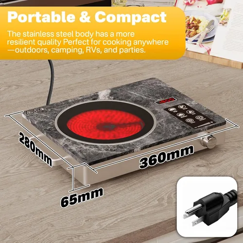 Vista 3 de Alemania Placa de cerámica de un solo quemador, estufa eléctrica portátil de 1800 W, Quemador de encimera para cocinar, placa caliente de cocina