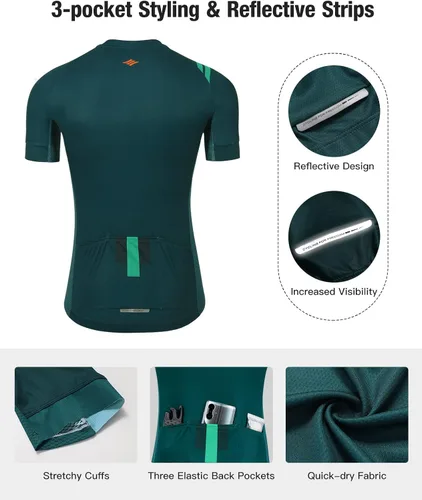 Vista 3 de Santic Camiseta de ciclismo para hombre, manga corta, camiseta de ciclismo de carretera, con cremallera completa, UPF 50+, MTB con bolsillos