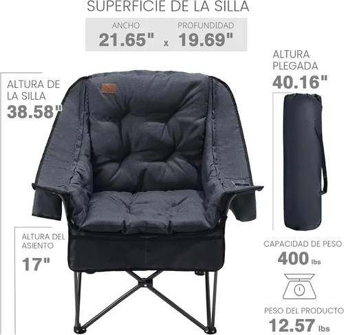 Vista 3 de EVER ADVANCED Silla de campamento XL con cojín desmontable, silla de malla para adultos, plegable, de gran tamaño, con bolsillo de malla enfriadora