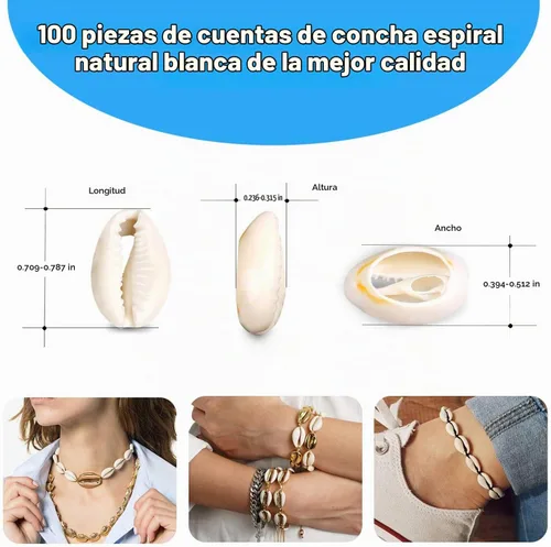 Vista 2 de 100 cuentas de concha de cauri, cuentas de concha en espiral natural blanca para hacer joyas, conchas de cowrie de playa de verano