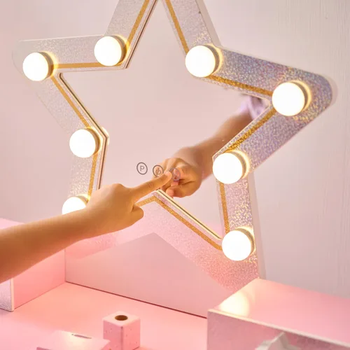 Vista 5 de Teamson Kids Juego de tocador de estrellas con luces LED para niñas, mesa de maquillaje rosa de 2 piezas para niños con espejo, 3 cajones