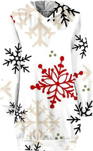 Vista 3 de XIAXAIXU Sudadera larga con capucha de Navidad para mujer, manga larga, estampado de copos de nieve, vestido de Navidad