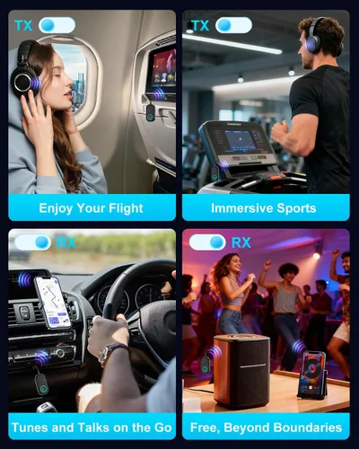 Vista 6 de Bomivoi Receptor transmisor Bluetooth 5.3, adaptador Bluetooth de avión para 2 auriculares, adaptador de audio inalámbrico para automóvil, llamada