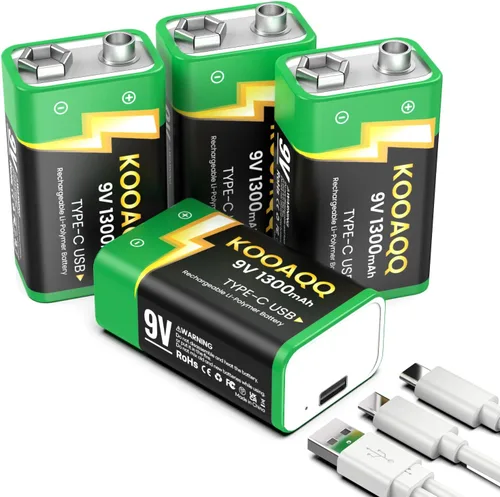 Vista 9 de Paquete de 1 baterías recargables de 9 V, recarga USB-C de 1300 mAh, 9 voltios de iones de litio de larga duración para alarmas, micrófonos