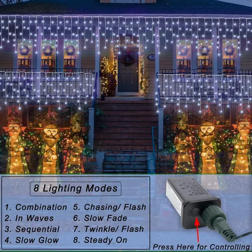 Vista 2 de Luces de carámbano de Navidad para decoración al aire libre, 8 modos, 300 luces LED conectables de 30 pies, 60 gotas para aleros, ventana, hogar