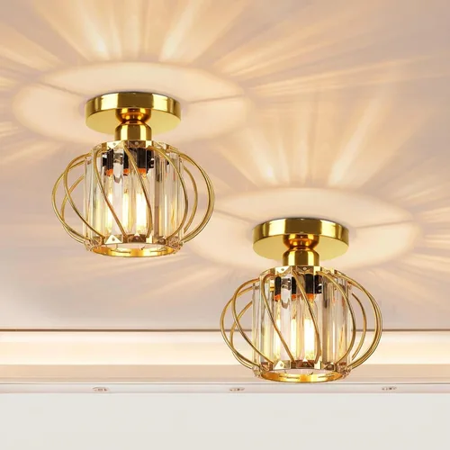 Vista 13 de FRIDEKO HOME Paquete de 2 Luces de Techo Semi Empotradas - Pequeña Lámpara de Araña de Cristal para Pasillo con Jaula de Metal Negro, Accesorio