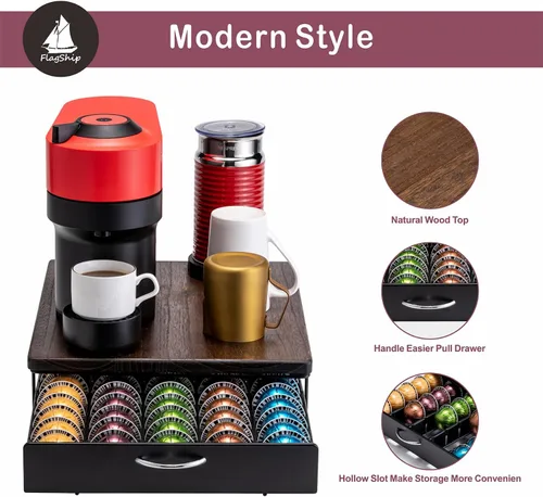 Vista 4 de FlagShip Soporte para cápsulas Nespresso, cajón de cápsulas Vertuo, almacenamiento de cápsulas de café para Vertuo Pod con elegante tapa de madera