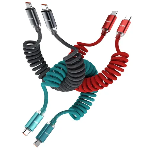 Vista 4 de Cable de carga USB C corto en espiral, paquete de 3 cables de datos trenzados de nailon retráctil de 120 W, cable de carga rápida de resorte