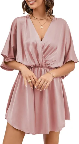 Vista 6 de LYANER Minivestido elegante de satén con cuello en V y volantes para mujer