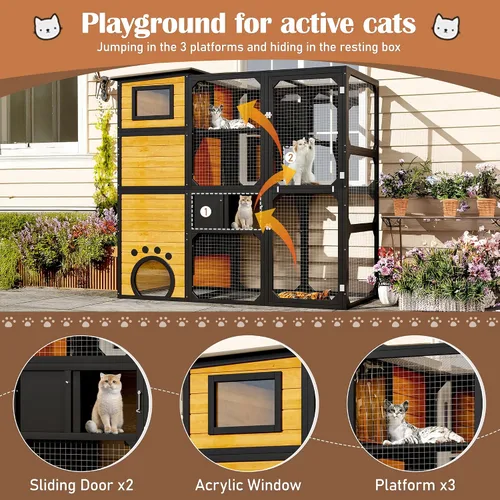Vista 3 de Merax Catio - Caja grande para gatos de 4 niveles para exteriores, casa para gatos resistente a la intemperie fijada a la ventana para múltiples