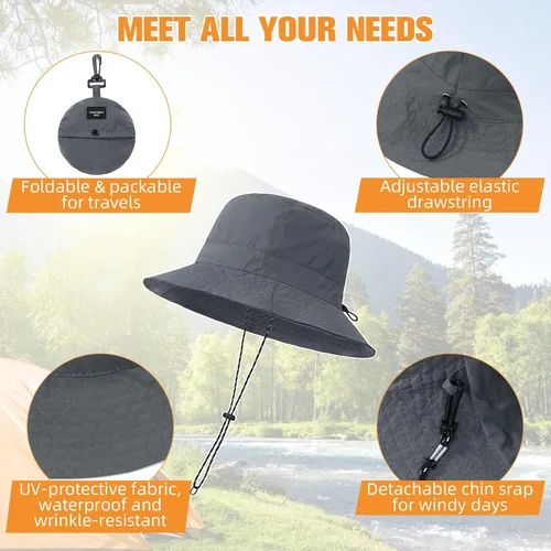 Vista 4 de Sombrero de pescador para mujeres y hombres, impermeable, de ala ancha, plegable, Boonie, safari, pesca, senderismo, playa, sombreros