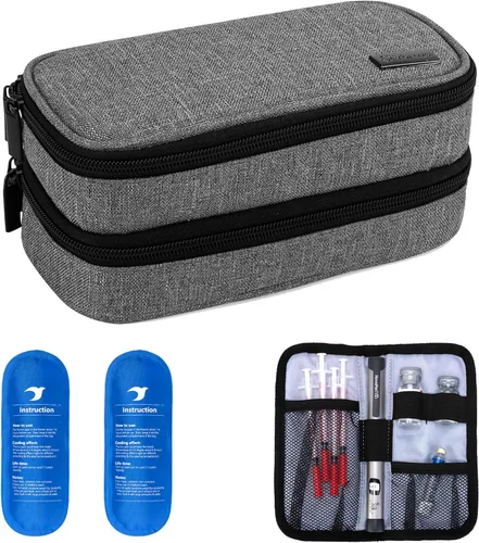 Vista 8 de Yarwo Estuche de viaje enfriador de insulina, funda de viaje para diabéticos de doble capa con 2 paquetes de hielo, organizador de suministros