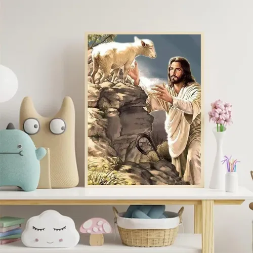 Vista 3 de UPABLUNSO Pintura de diamantes con diseño de pastor de animales y Jesús cristiano para adultos, kit de pintura de diamantes por números, arte