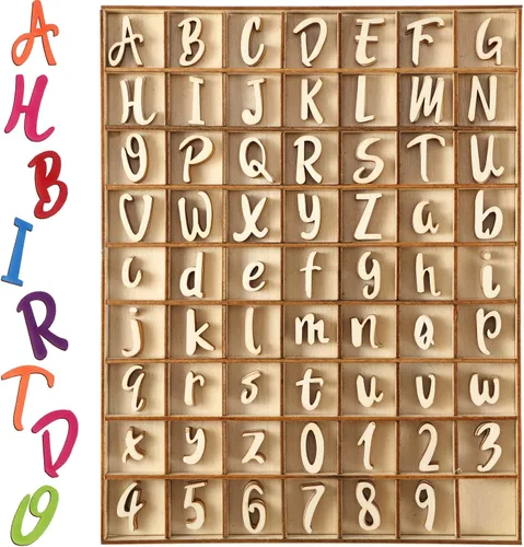 Vista 8 de Blulu 248 letras del alfabeto de madera de 1 pulgada, números de letras de madera sin terminar, números para manualidades con bandeja