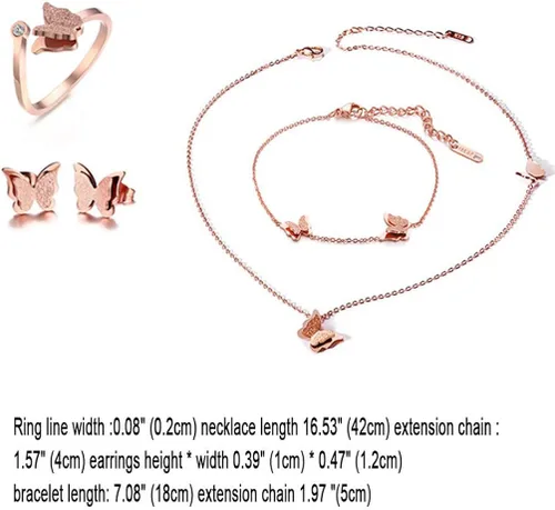 Vista 3 de Cupimatch Butterfly Bracelet Ring Earrings Necklace Set, 18k Rose Gold Plated love Jewelry Gift Set for Women Girls