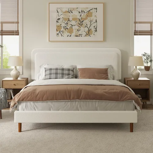 Vista 11 de Marco de cama tapizado Boucle de tamaño matrimonial con cabecera ajustable, plataforma de nube, patas de madera maciza, no necesita somier, fácil