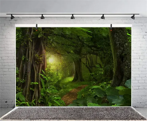 Vista 4 de Telón de fondo de fotos de cuento de hadas de 5 x 3 pies para niños, fiesta de cumpleaños, eventos, decoración de bosque perenne, selva, paisaje