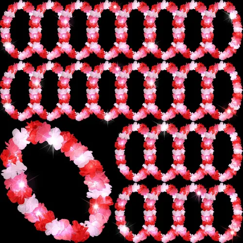 Vista 9 de Sherr 24 piezas de collares de flores hawaianas con luces LED para boda, luces LED para luau, collares de flores hawaianas para playa, carnaval