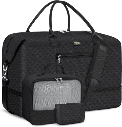 Vista 40 de Bolsa de fin de semana para mujer, bolsa de viaje de nailon, con compartimento para zapatos, tamaño grande 1-beige