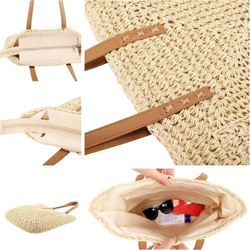 Vista 6 de Ayliss Bolso de hombro de paja para mujer, bolso de hombro para verano, playa, tejido hecho a mano, bolso casual para viajes de vocación