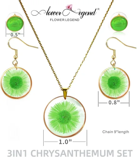 Vista 6 de Women 3 in1 Handmade Sterling Silver Pressed Flower Jewelry Gift Sets Chrysanthemum