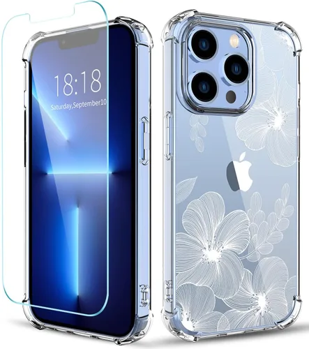 Vista 10 de Funda con diseño de patrón de flores para iPhone 13 Pro Max [con protector de pantalla], funda transparente floral para teléfono de mujer a prueba
