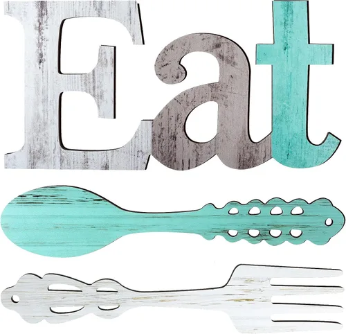 Vista 9 de Jetec Juego de letrero de "Eat", decoración de pared con tenedor y cuchara, decoración de madera rústica, lindas letras "Eat" para cocina y hogar