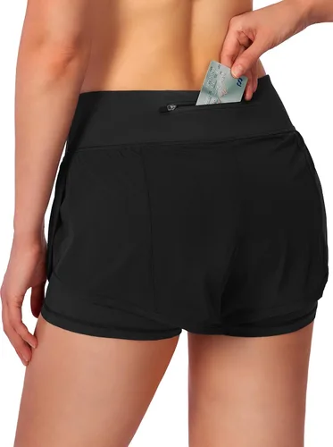 Vista 2 de Pantalones cortos para correr 2 en 1 para mujer para entrenamiento, atletismo, gimnasio, yoga cuenta con bolsillos para el teléfono.