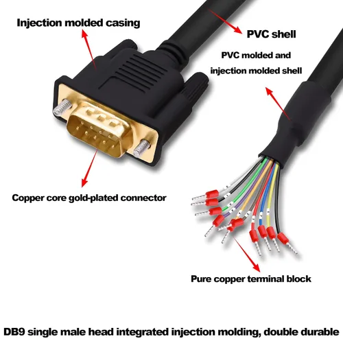 Vista 3 de DB9 conector macho RS232 RS485 9 Pin Serial Port Extension Cable D-SUB 9 Pin a cable desnudo con terminal Breakout -Negro-1M (DB9 macho)