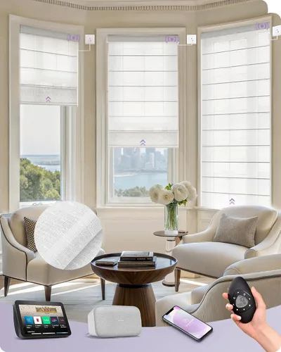Vista 21 de Graywind Persianas romanas inteligentes compatibles con Alexa Google, persianas motorizadas recargables con control remoto de filtrado de luz