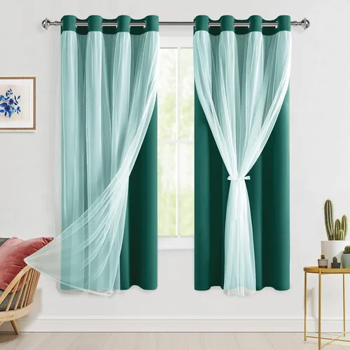 Vista 46 de Hiasan Cortinas opacas con superposición transparente, aislamiento térmico para mezclar y combinar de doble capa, cortinas de oscurecimiento de Beige