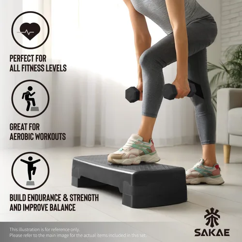 Vista 5 de Juego de Step Aeróbico con Mancuernas y Cinta Métrica, Altura Ajustable con Elevadores de 2 Niveles, Plataforma de Step para Ejercicios
