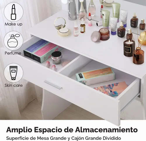 Vista 3 de Vabches Tocador de maquillaje con luces, Mesa tocador de maquillaje, Brillo ajustable, Cajón grande tocador resistente para dormitorio estudio