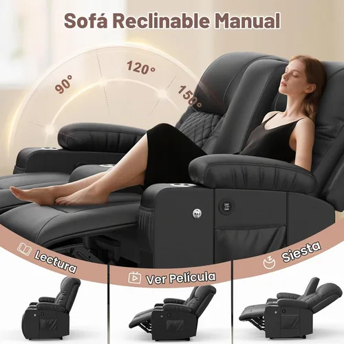 Vista 6 de YONISEE Juego de muebles de sala de estar, sofá biplaza reclinable de 2 plazas y silla reclinable giratoria de 360° con masaje, sofá reclinable