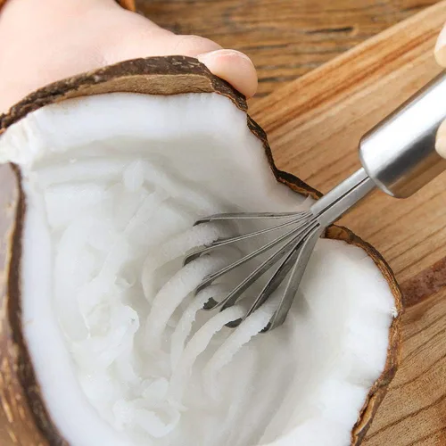 Vista 4 de Fdit Rascador de coco de acero inoxidable con diseño de cinco mandíbulas, herramienta de cocina multifuncional para el hogar con gancho accesorio