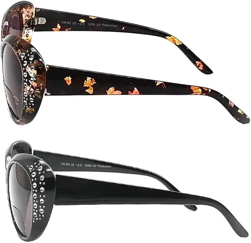 Vista 5 de Bifocal Gafas de sol para mujer 2 pares Cateyes Real Rhinestones Reader gafas de sol con 2 bolsas gratis