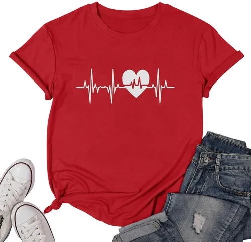 Vista 8 de Camiseta de manga corta con estampado de corazón para mujer, camiseta con estampado de corazón y estampado de corazón Azul