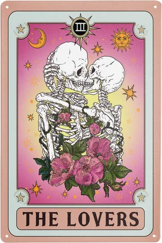 Vista 8 de Giwawa Kissing Lover Tarjeta de tarot de metal con diseño de calavera rosa retro de 12 x 8 pulgadas, decoración de pared, sol, luna, flor, floral